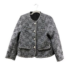 Womens Tweed Jacket Blazer Black White Knit Pearl Button Elegant Sz M